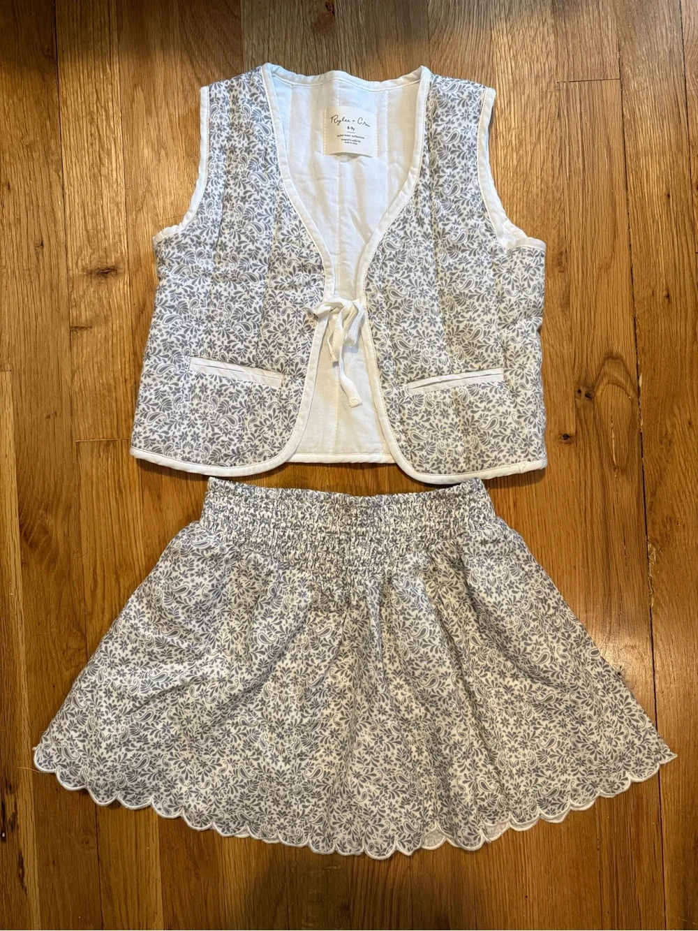 Rylee + Cru Cream Vest & Blue Floral Skirt Set